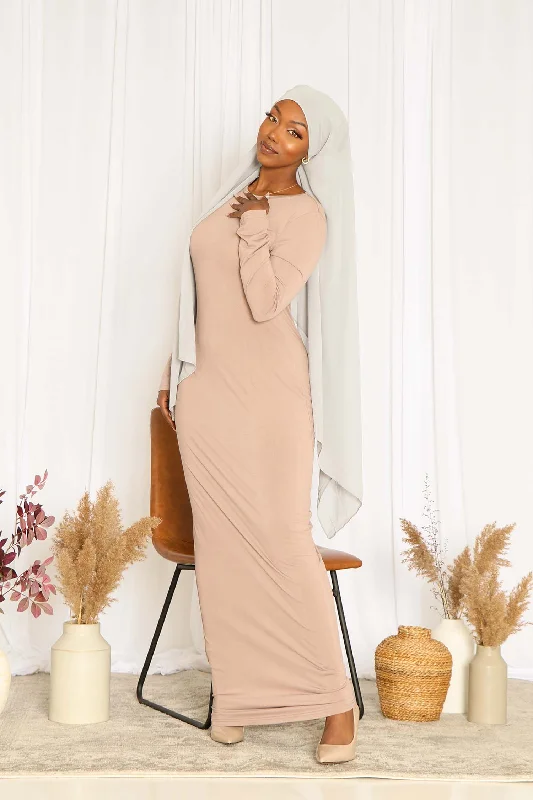 trendy maxi dresses with ruffles -Taupe Plain Fitted Spandex Maxi Dress