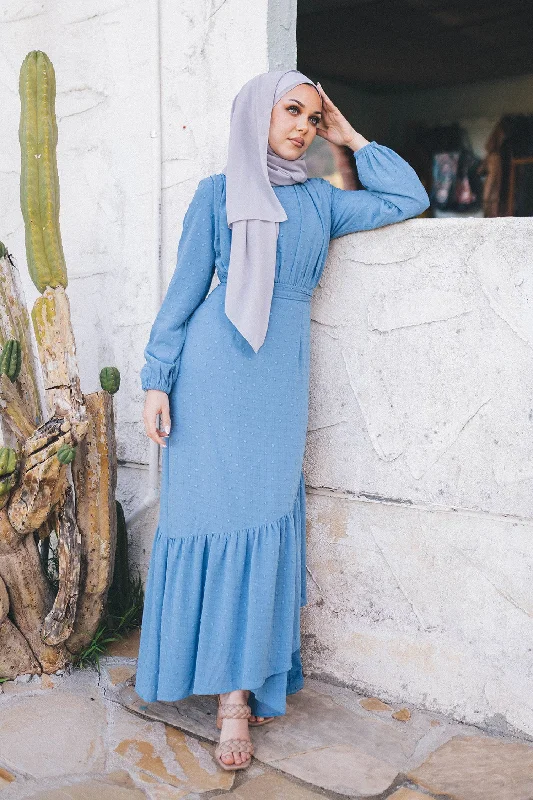 soft maxi dresses for lounging -Thalia Textured Maxi Dress- Blue Gray