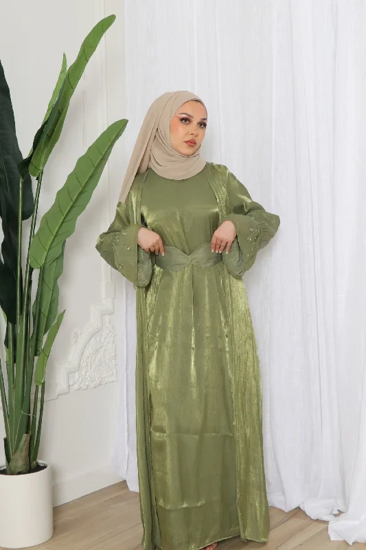 chic maxi dresses for nightlife -Safiya Organza Embroidery Set- Olive Green