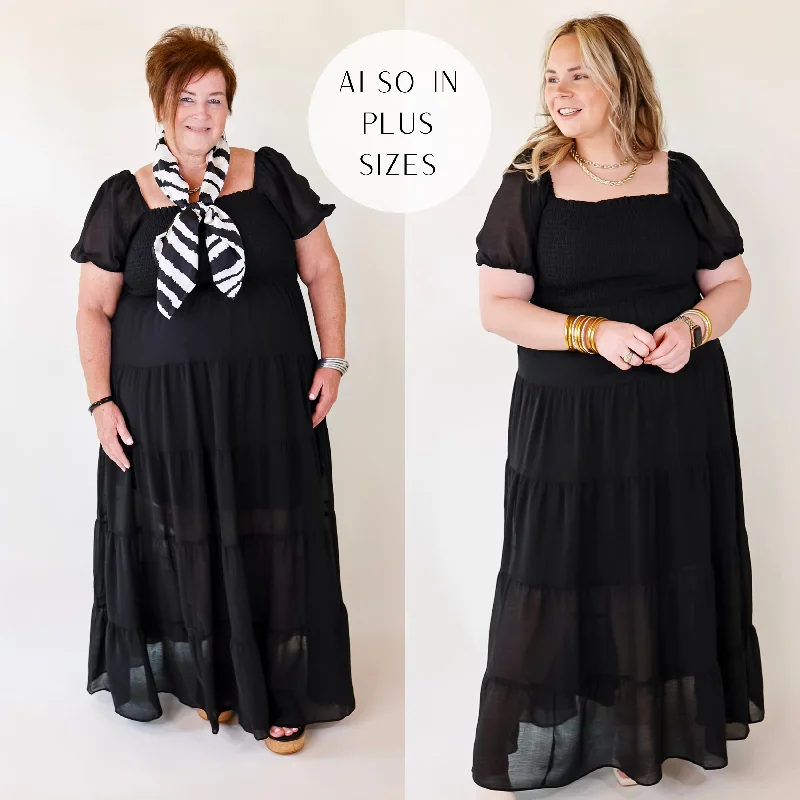 velvet maxi dresses for winter -Honeysuckle Love Tiered Maxi Dress with Smocked Bodice in Black