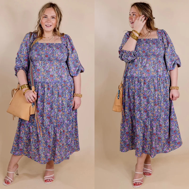 chic maxi dresses for date -Last Chance Size Medium | Spring Blooms Smocked Floral Maxi Dress in Blue