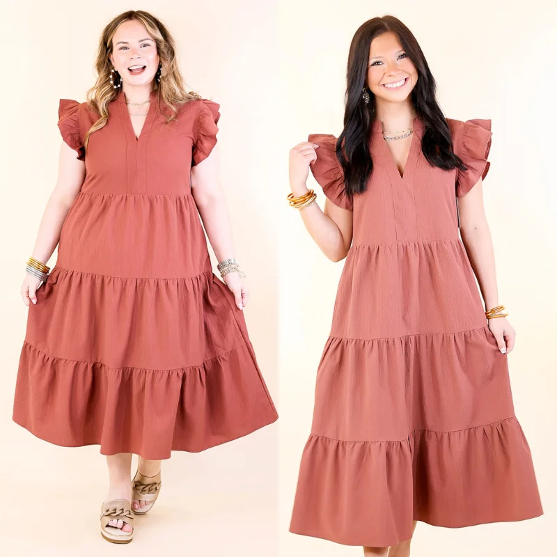 red maxi dresses for date -Magnolia Morning Ruffle Cap Sleeve Tiered Midi Dress in Cinnamon (Rust/Clay/Brown)