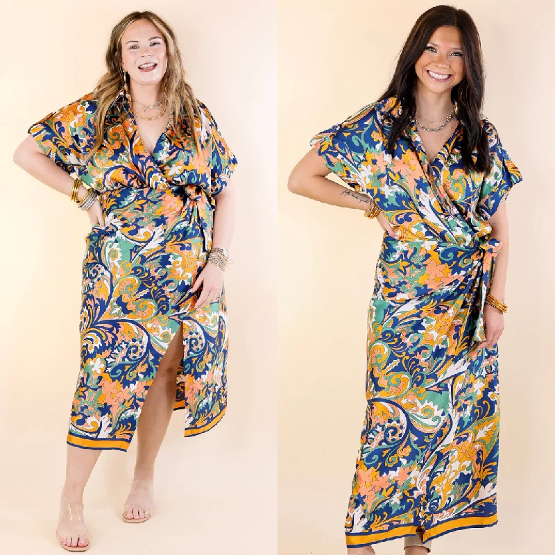 white maxi dresses for events -Room With A View Baroque Print Wrap Midi Dress in Gold and Navy