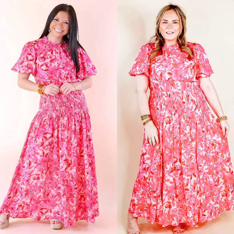 chic maxi dresses for summer -Moonlit Bay Floral High Neck Maxi dress with Smocked Waistline in Pink