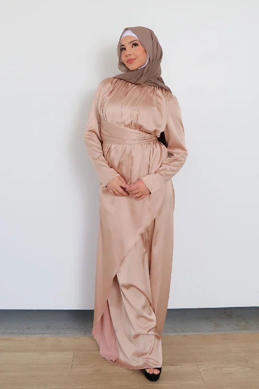 boho maxi dresses for club -Sarai Layer Satin Dress- Rose Gold