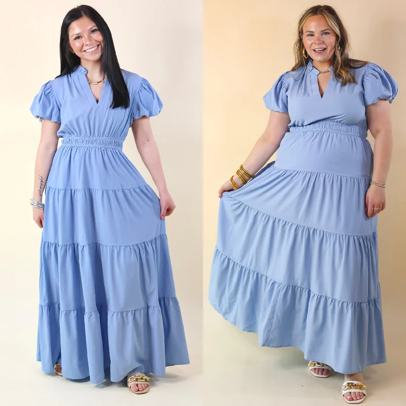 black maxi dresses for teens -Table for Two Tiered Maxi Dress with Puff Sleeves in Chambray Blue