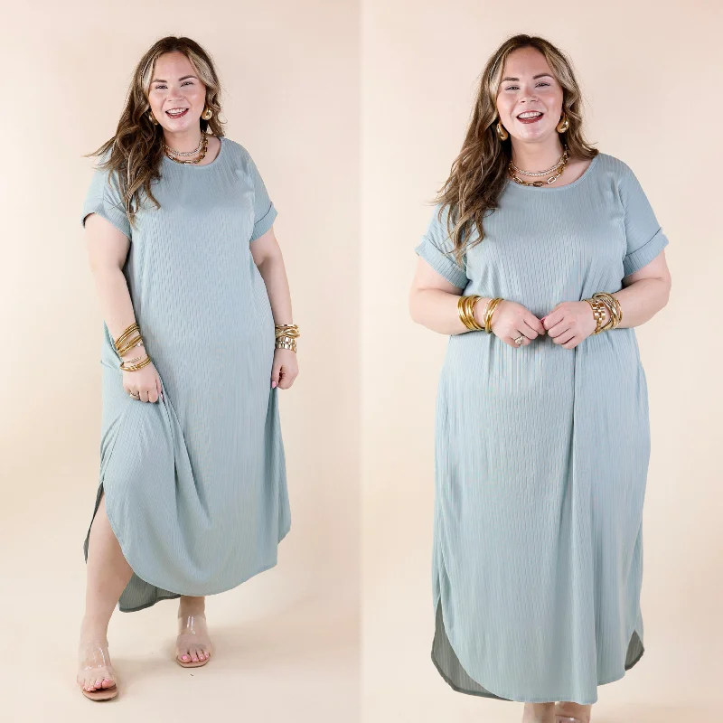 casual maxi dresses for teens -Last Chance Size XL | Chill Looks Short Sleeve Ribbed Midi Dress in Sage Green