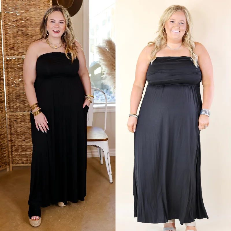 casual maxi dresses for summer -Oh, Snap Strapless Maxi Dress in Black