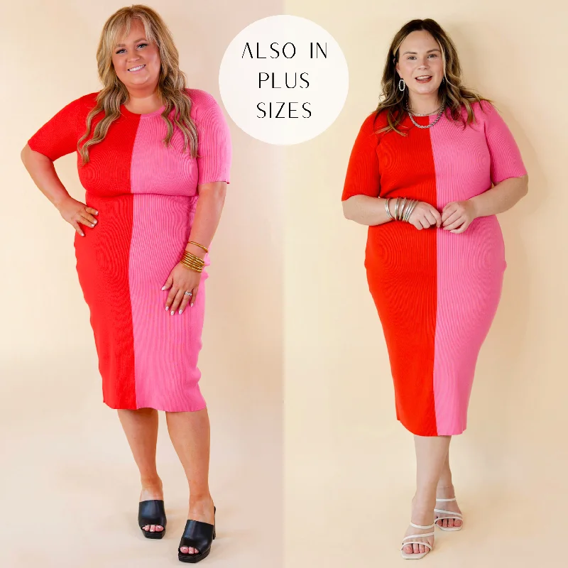 white maxi dresses for beach -No Drama Ribbed Short Sleeve Midi Dress in Red and Pink