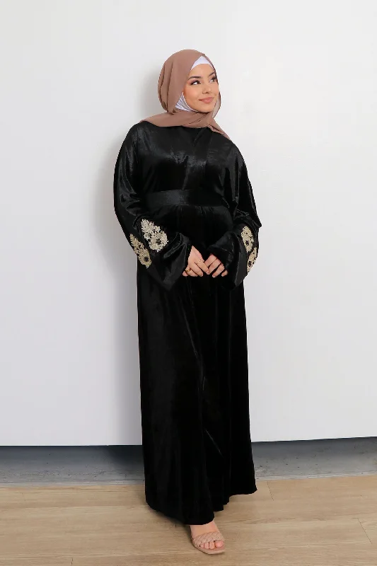 affordable maxi dresses for summer -Yara VIP Luxury Lace Open Abaya- Black