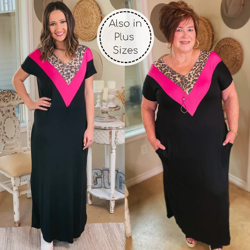 affordable maxi dresses for events -A Wild Time Leopard and Fuchsia V Neck Accent Maxi Dress in Black