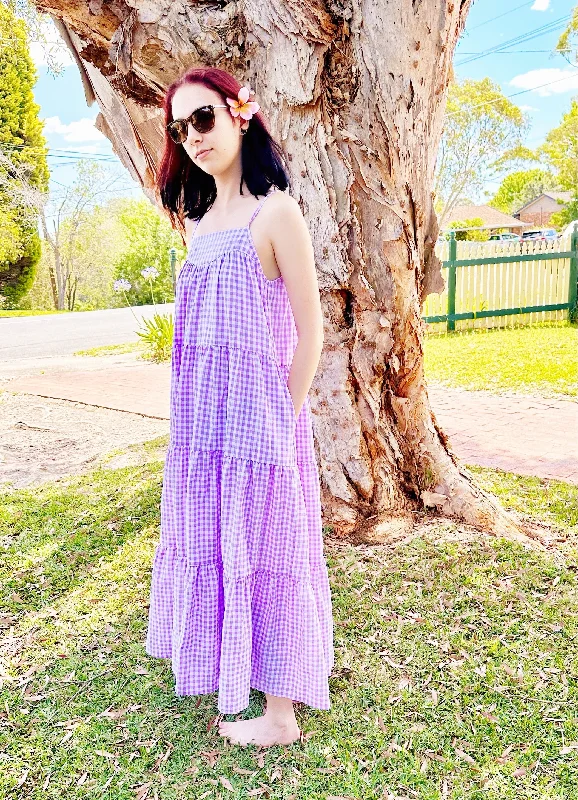 elegant maxi dresses for spring -Willow Purple Gingham Maxi Dress