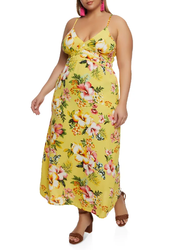 casual maxi dresses for teens -Plus Size Floral Print V Neck Maxi Sundress