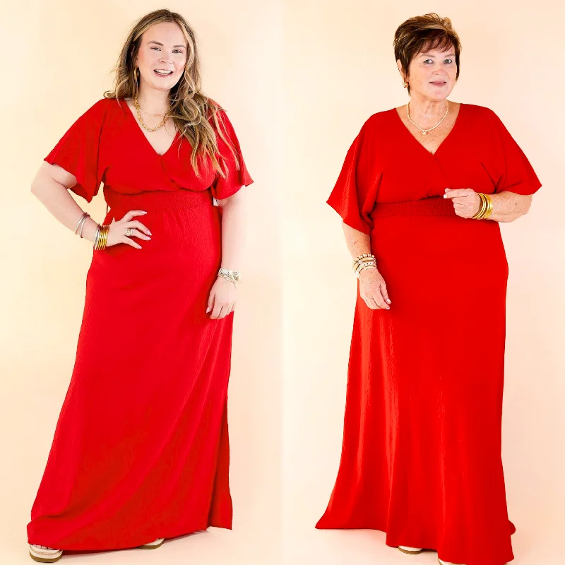 trendy maxi dresses for spring -Wildly In Love V Neck Maxi Dress with Smocked Waist in Red