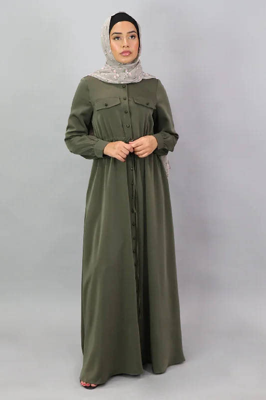 chic maxi dresses for summer -Army Green Deluxe Soft Button Down Dress