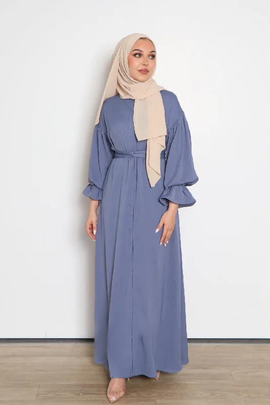 trendy maxi dresses for summer -Darya Textured Balloon Sleeve Abaya- Dusty Blue