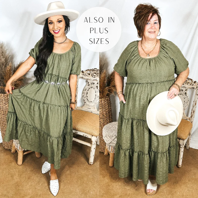 casual maxi dresses for fall -Sweetest Moments Ruffle Tiered Maxi Dress in Olive Green