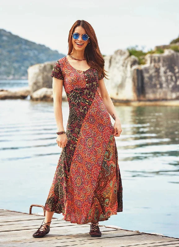 boho maxi dresses for club -Ceyda Patchwork Maxi Dress