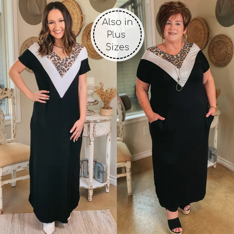 maxi dresses with chic patterns -A Wild Time Leopard and Ivory V Neck Accent Maxi Dress in Black