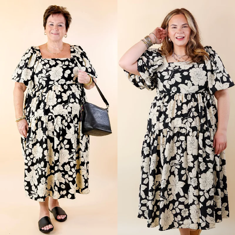 elegant maxi dresses for party -Floral Fascination Tiered Midi Dress in Black and White