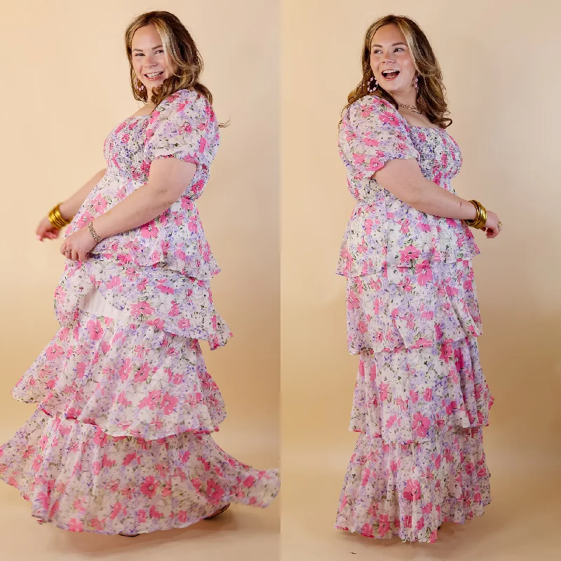 white maxi dresses for summer -Fun Feeling Floral Tiered Maxi Dress with Smocked Balloon Sleeves in Pink Mix