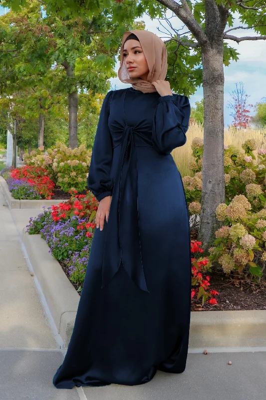 boho maxi dresses for women -LaMeera Tie Front Satin Dress - Midnight Blue