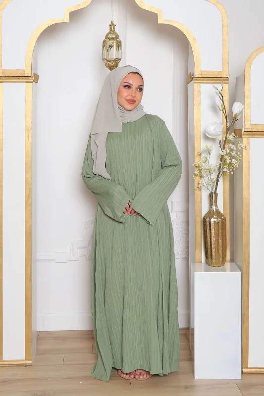 cute maxi dresses for fall -Safa Textured Abaya Set- Sage