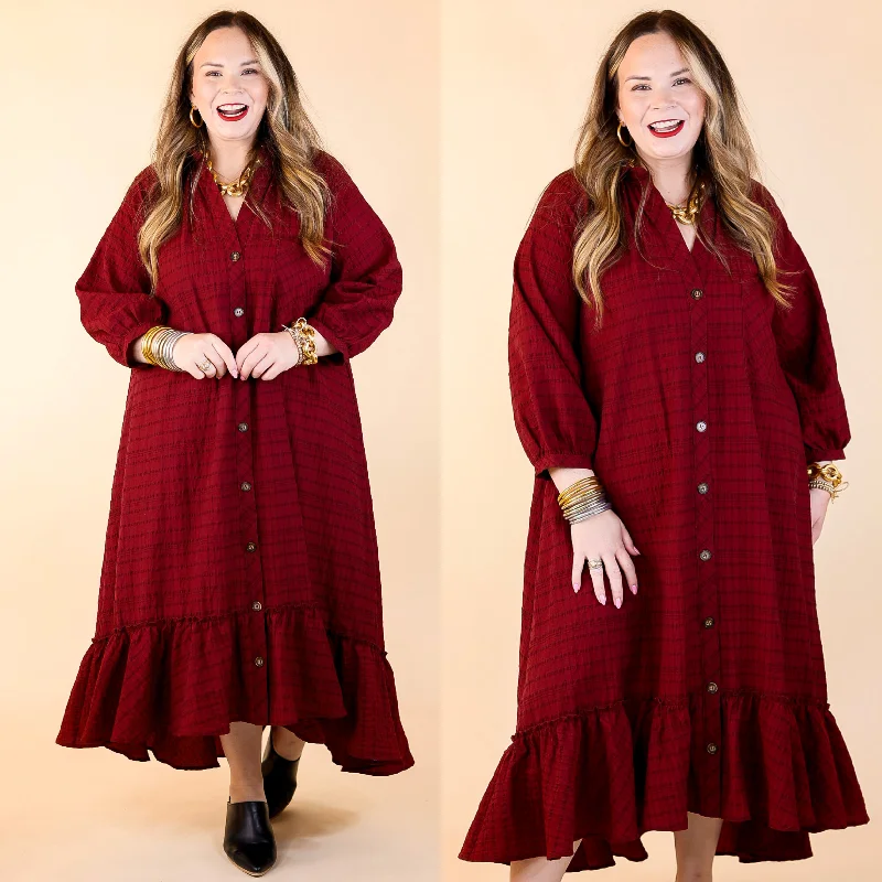 affordable maxi dresses for summer -Easy to Please Button Up Ruffle Hem Midi Dress in Maroon Plaid