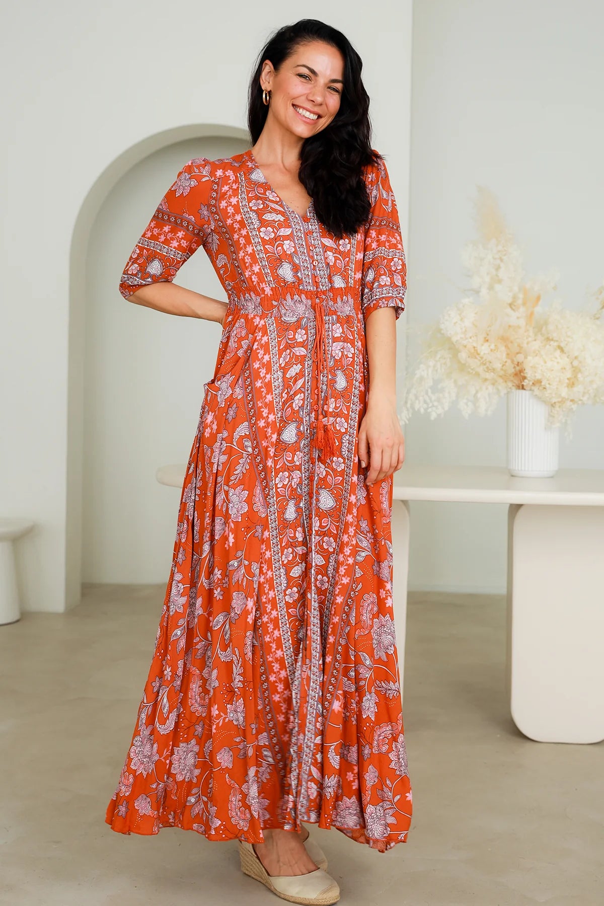 affordable maxi dresses for date -Hanna Orange Bohemian Boho Maxi Dress