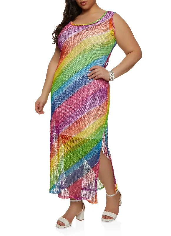 casual maxi dresses for summer -Plus Size Fishnet Rainbow Striped Tank Maxi Dress