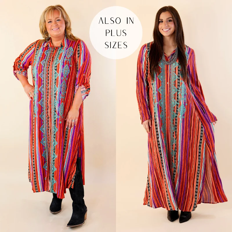 white maxi dresses for party -I'm All That Long Serape Button Up Dress with Aztec Print Embroidery