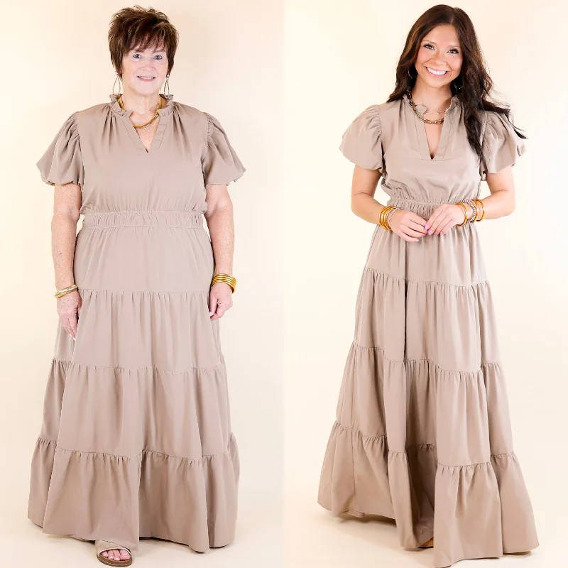 boho maxi dresses for events -Table for Two Tiered Maxi Dress with Puff Sleeves in Light Mocha Brown