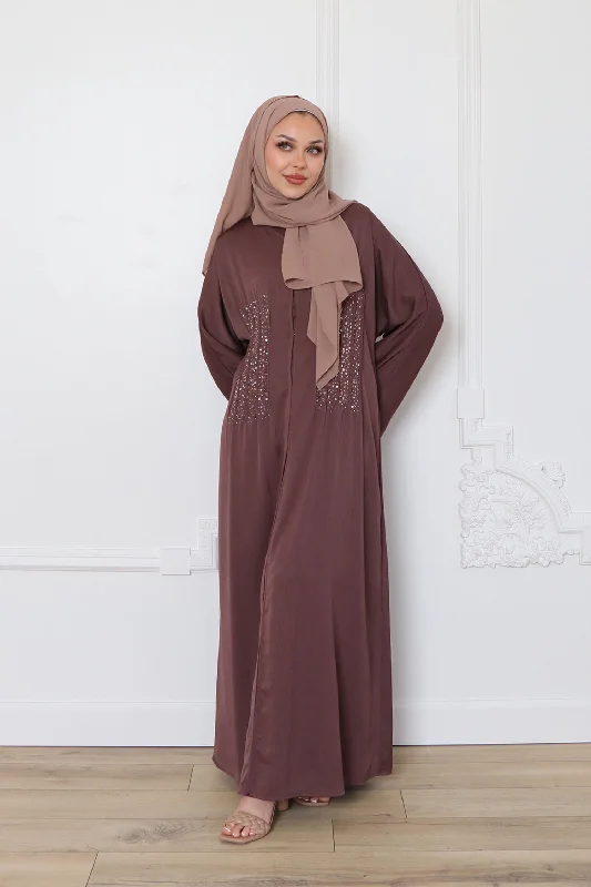 elegant maxi dresses for women -Aaira Textured Beaded Open Abaya- Mocha