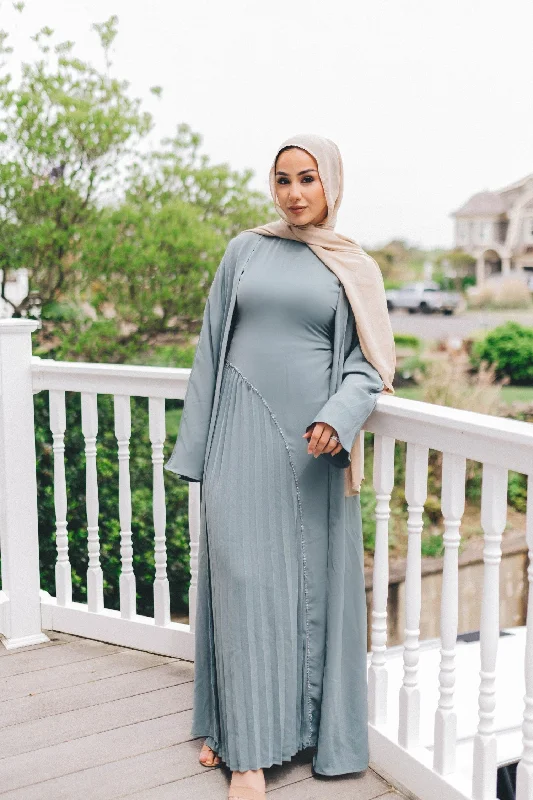 maxi dresses with chic sleeves -Samira Pleat Abaya Set - Teal