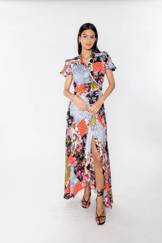 trendy maxi dresses with ruffles -Patched Together Wrap Dress