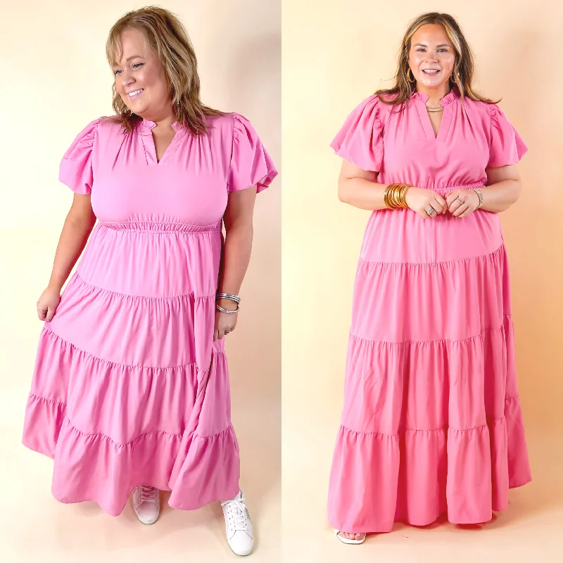 trendy maxi dresses for girls -Table for Two Tiered Maxi Dress with Puff Sleeves in Bubblegum Pink