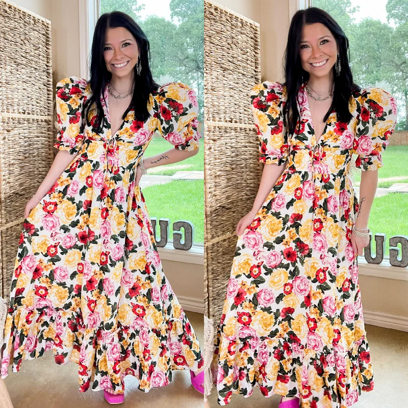 cute maxi dresses for women -BuddyLove | Miranda Puff Sleeve Maxi Dress in Vanity Floral Print