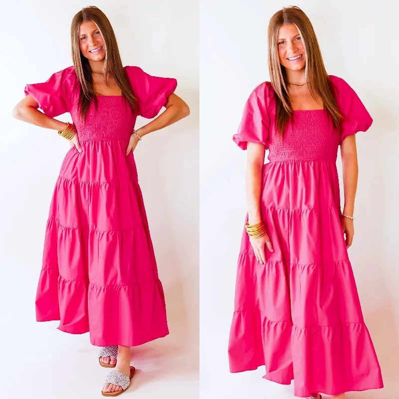 plus size maxi dresses chic -Santorini Sunshine Short Balloon Sleeve Maxi Dress in Fuschia Pink