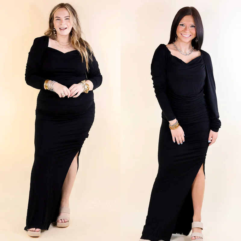 elegant maxi dresses for date -Classy Girl Long Sleeve Sweetheart Neckline Maxi Dress in Black