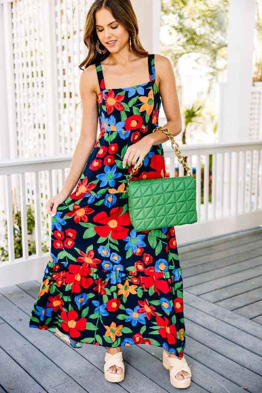 cute maxi dresses for women -Take It All In Navy Blue Floral Maxi Dress