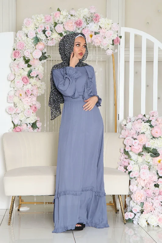 maxi dresses with floral lace -Valerie Chiffon Ruffle Dress- Blue Gray