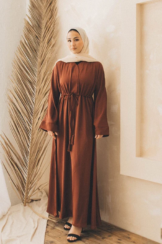 maxi dresses with bold ruffles -Ivy Essential Flare Abaya- Burnt Sienna