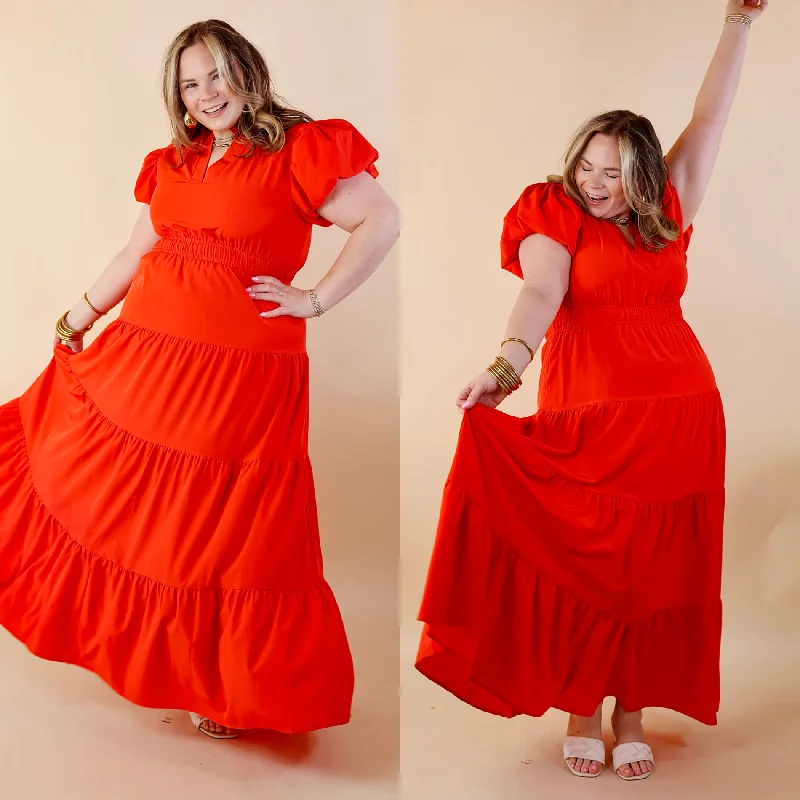 maxi dresses with chic ruffles -Table for Two Tiered Maxi Dress with Puff Sleeves in Red