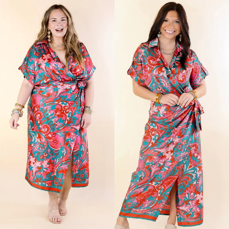 affordable maxi dresses for summer -Room With A View Baroque Print Wrap Midi Dress in Pink and Teal