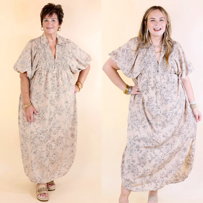 elegant maxi dresses for nightlife -Timeless Blossom Floral Print Button Up Dress in Mocha Brown