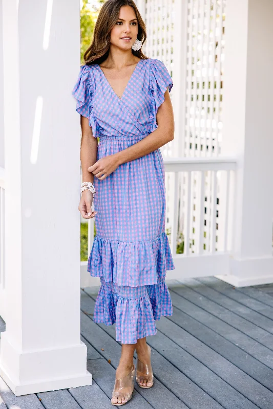 blue maxi dresses for date -In Your Heart Blue Gingham Maxi Dress