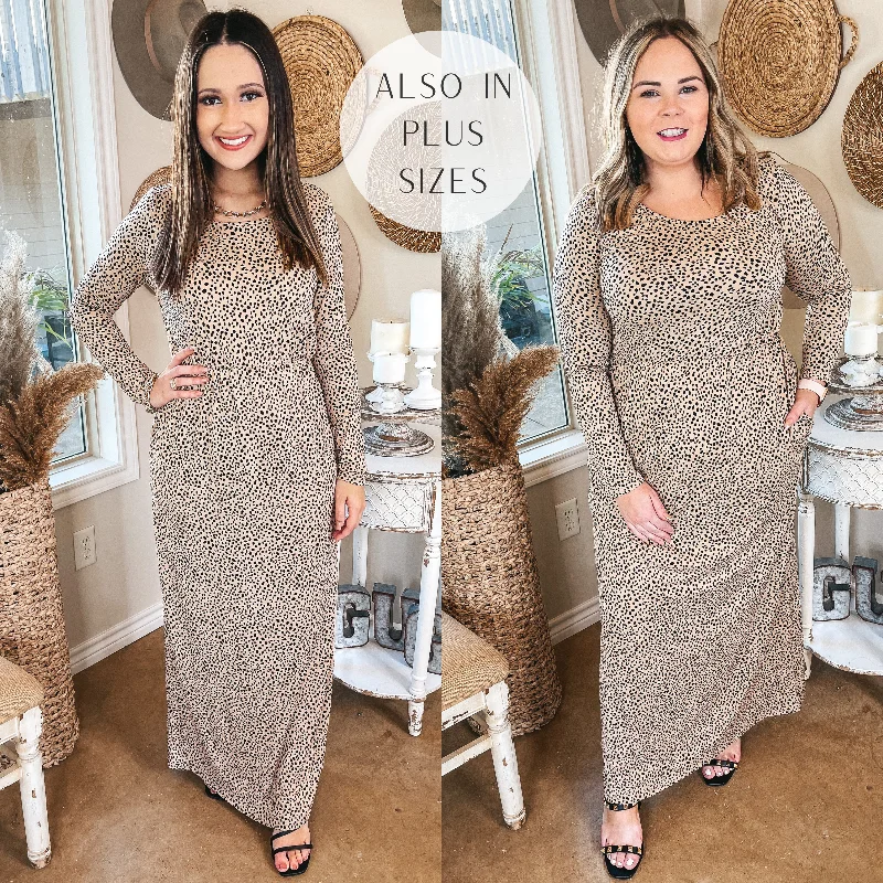 casual maxi dresses for summer -Last Chance Size Small | Downtown Spotlight Long Sleeve Dotted Babydoll Maxi Dress in Beige