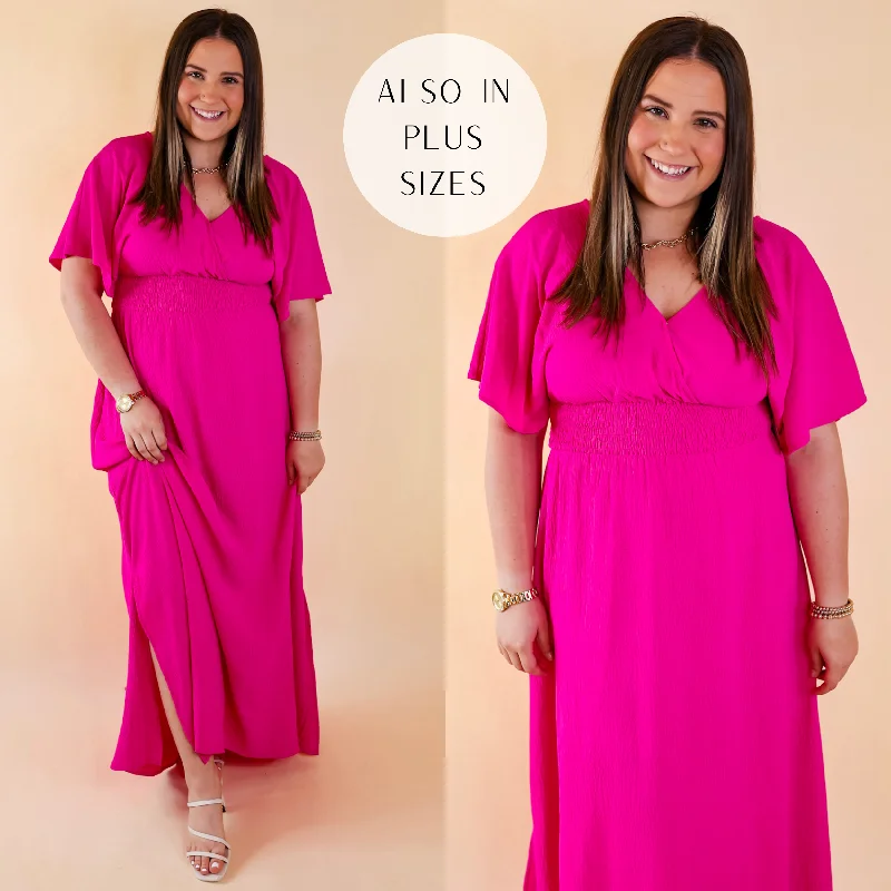 casual maxi dresses for beach -Last Chance Size Small | Wildly In Love V Neck Maxi Dress with Smocked Waist in Fuchsia Pink