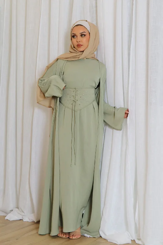 red maxi dresses for women -Elmas Textured Corset Abaya Set- Light Sage Green