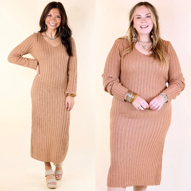 white maxi dresses for nightlife -Pumpkin Spice Weather V Neck Midi Sweater Dress in Clay Nude